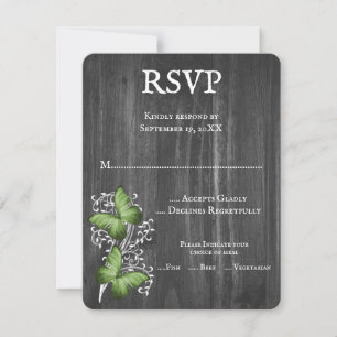 Green Rustic Butterfly Wedding RSVP Card Karte