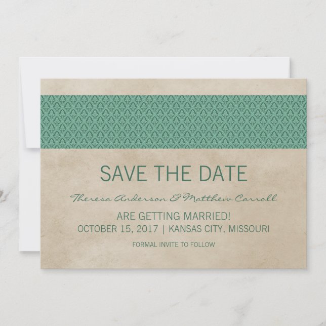 Green Rustic Damask Save the Date einladen Einladung (Vorderseite)