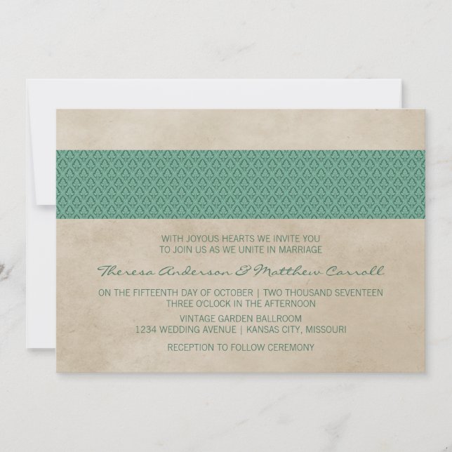 Green Rustic Damask Wedite Einladung (Vorderseite)