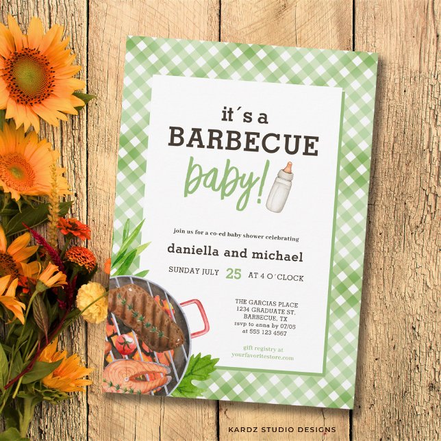 Green Rustic Gingham Barbecue Baby Shower Einladung (Front of the invitation is shown in 5x7-inch. Choose size, paper, and corner style.)