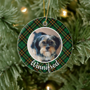Green Rustic Kariert Custom Pet Foto Weihnachten Keramik Ornament