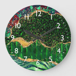 Green Safari Animal Print Agate Große Wanduhr