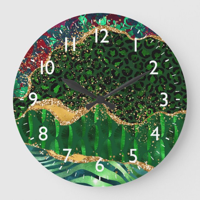 Green Safari Animal Print Agate Große Wanduhr (Vorderseite)