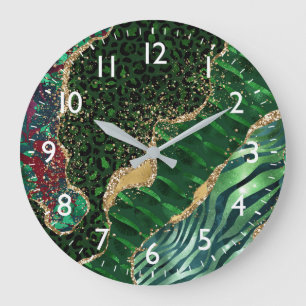 Green Safari Animal Print Faux Glitter Agate Große Wanduhr