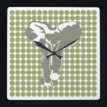Green Safari Dot mit Pop Art Elephant Quadratische Wanduhr<br><div class="desc">Mod polka dot pattern in Emporio Moffas "Safari" Farbpalette mit Pop Art Elephant Design auf der Vorderseite und schlichten Punkten auf der Rückseite.</div>