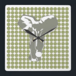 Green Safari Dot mit Pop Art Elephant Quadratische Wanduhr<br><div class="desc">Mod polka dot pattern in Emporio Moffas "Safari" Farbpalette mit Pop Art Elephant Design auf der Vorderseite und schlichten Punkten auf der Rückseite.</div>