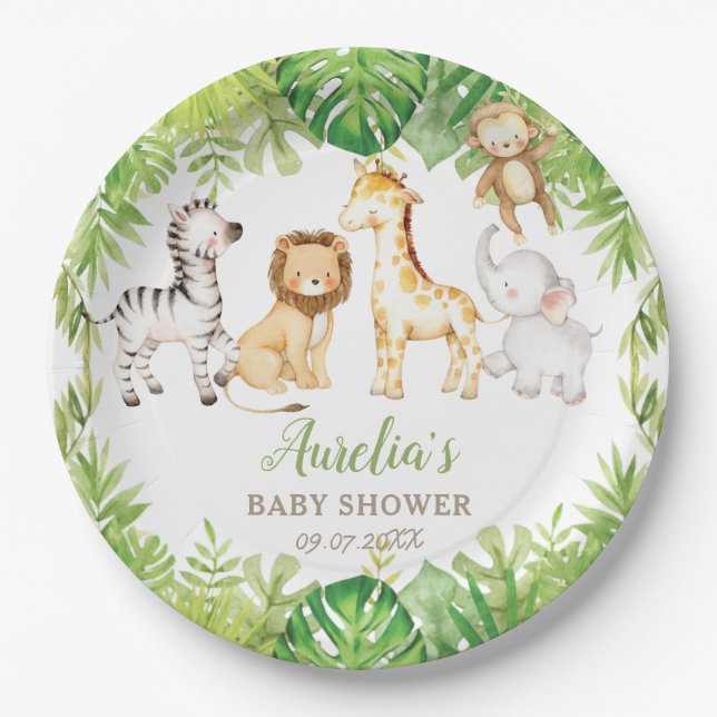 Green Safari Forest Jungle Animals Baby Dusche Pappteller (Vorderseite)