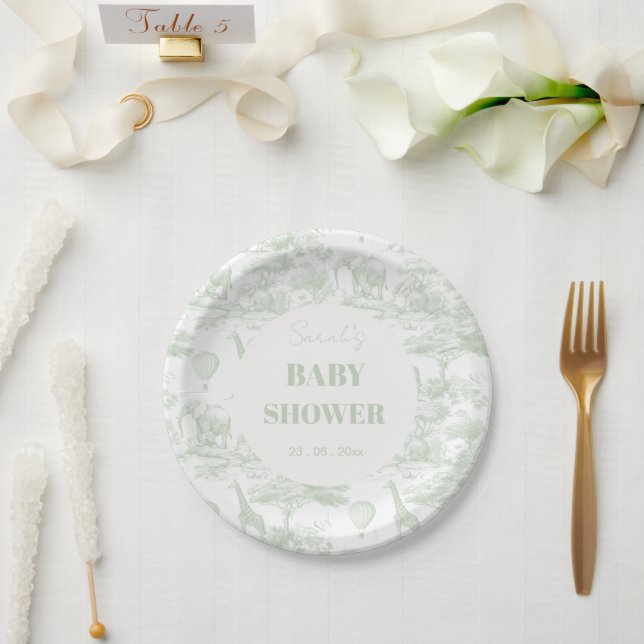 Green Safari Toile D Jouy Jungle Theme Kinderdusch Pappteller (Hochzeit)