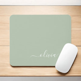 Green Sage Girly Script Monogram Name Modern Mousepad