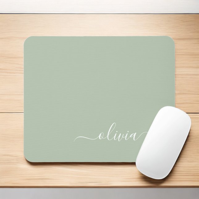 Green Sage Girly Script Monogram Name Modern Mousepad (Von Creator hochgeladen)