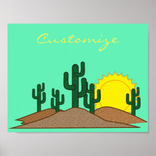 Green Saguaro Cactus Desert Sunrise Poster