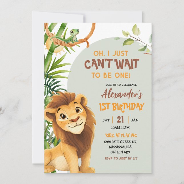 Green Savannah Lion Theme First Birthday Einladung (Vorderseite)