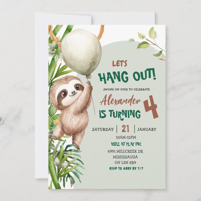 Green Savannah Sloth Let's Hang Out Birthday Einladung (Vorderseite)