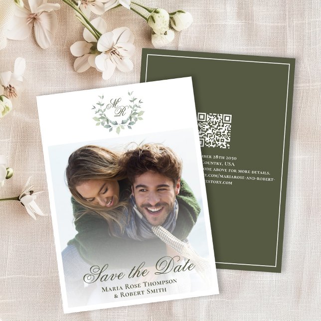 Green Save the Date Mariage Photo classique (Elegant green wedding save the date photo card. )