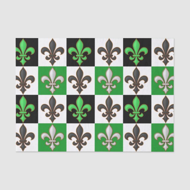 Green Schwarz-weiß Checkered Fleur-de-lis-Design Seidenpapier (Vorderseite)