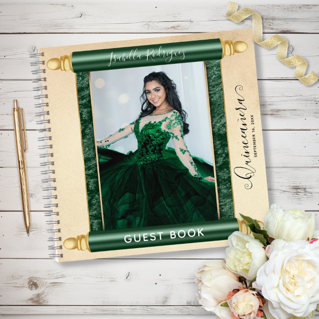 Green Scroll Foto Budget Quinceñera Gästebuch Notizbuch (Green Scroll Photo Budget Quinceañera Guest Book
)