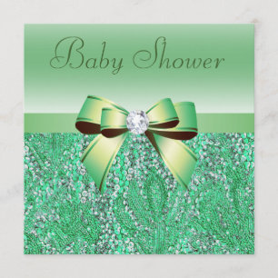 Green Sequins, Bow & Diamond Baby Dusche Einladung