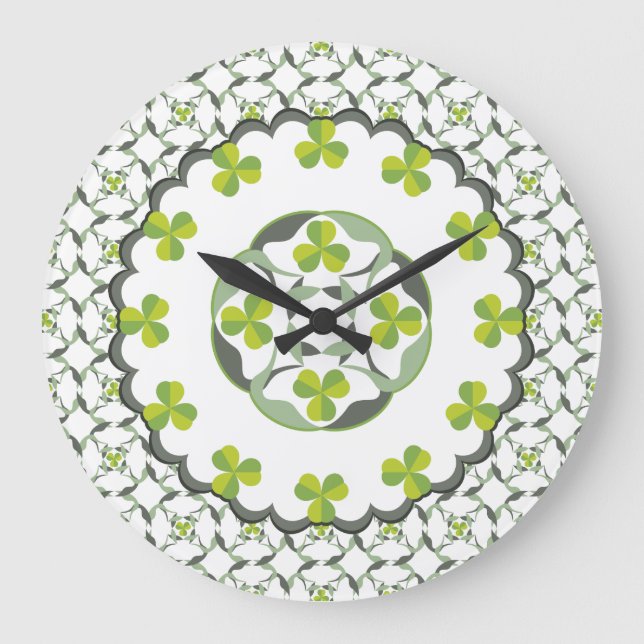 Green Shamrock Clover Celtic Pattern Große Wanduhr (Vorderseite)