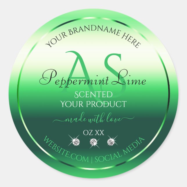 Green Shimmery Product Labels Rhinestones Monogram Runder Aufkleber (Vorderseite)