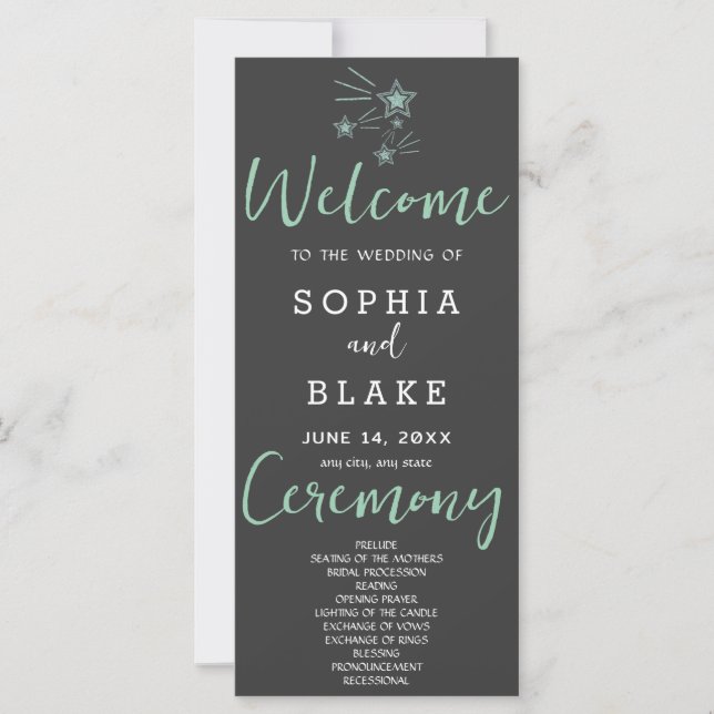 Green Shooting Stars Gray Wedding Program (Vorderseite)