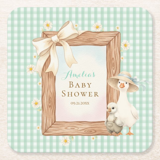 Green Silly Goose Baby Shower Paper Coaster Rechteckiger Pappuntersetzer (Vorderseite)