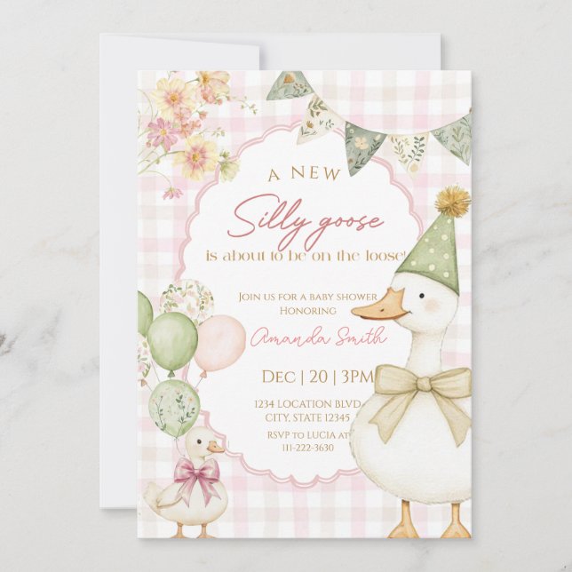 Green Silly Goose Pink Gingham Baby shower  Einladung (Vorderseite)