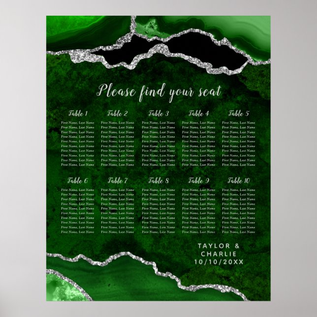 Green Silver Agate Wedding 10 Table Seating Chart Poster (Vorne)