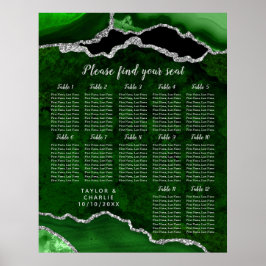 Green Silver Agate Wedding 12 Table Seating Chart Poster