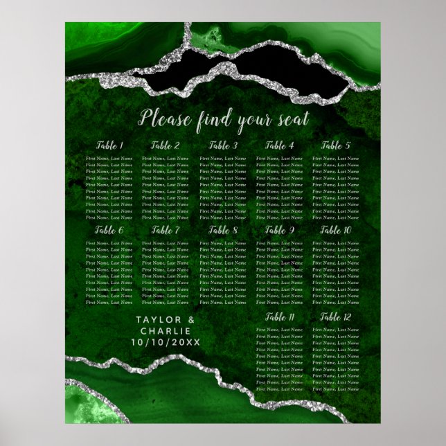 Green Silver Agate Wedding 12 Table Seating Chart Poster (Vorne)