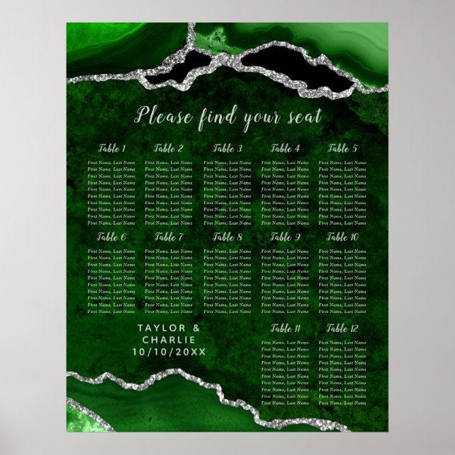 Green Silver Agate Wedding Seating Chart 12 Table Poster (Vorne)