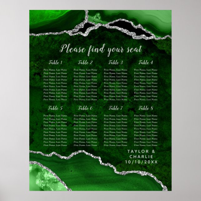 Green Silver Agate Wedding Seating Chart 8 Table Poster (Vorne)