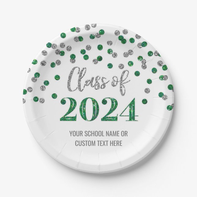 Green Silver Confetti Abschluss 2024 Pappteller (Vorderseite)