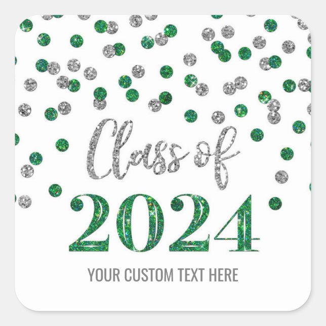Green Silver Confetti Abschluss 2024 Quadratischer Aufkleber (Vorderseite)
