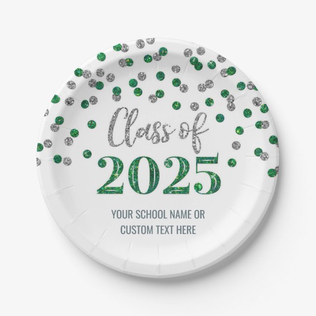 Green Silver Confetti Abschluss 2025 Pappteller (Vorderseite)