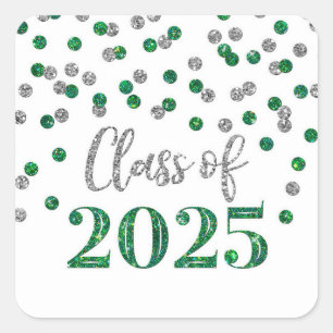 Green Silver Confetti Abschluss 2025 Quadratischer Aufkleber