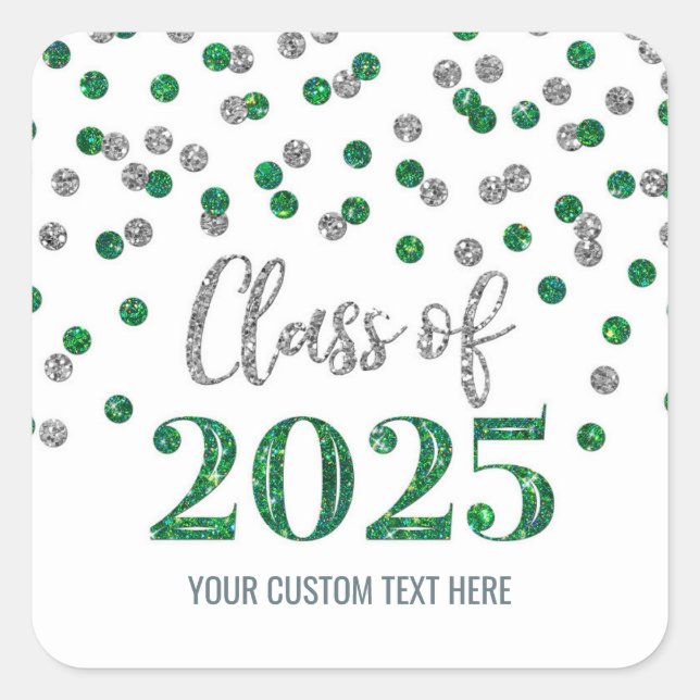 Green Silver Confetti Abschluss 2025 Quadratischer Aufkleber (Vorderseite)