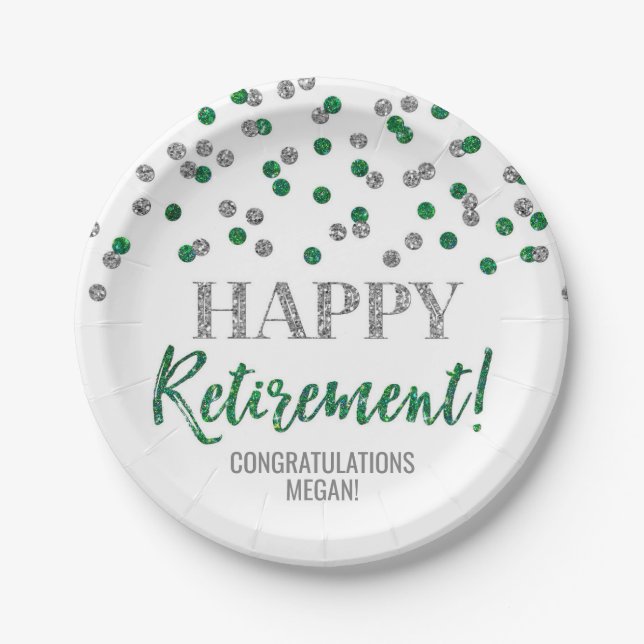 Green Silver Confetti Happy Retirement Pappteller (Vorderseite)