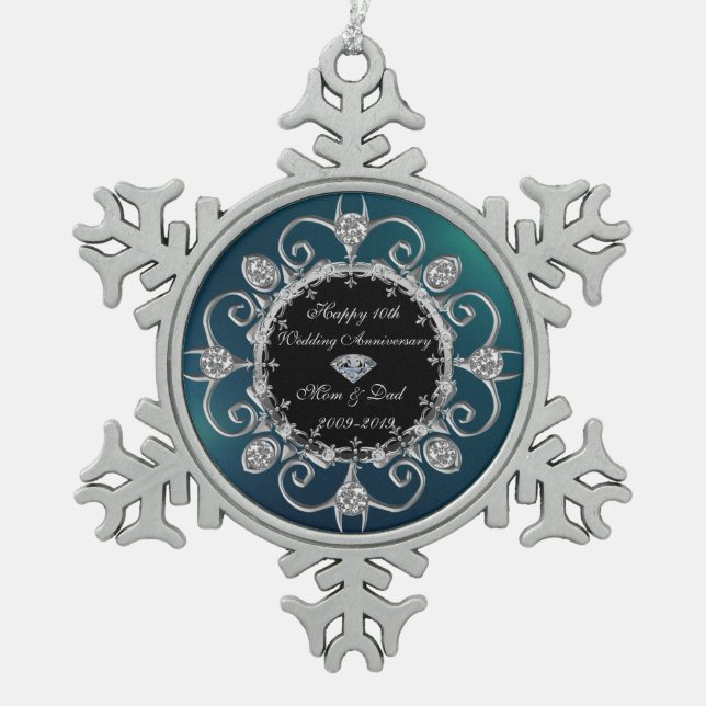 Green Silver Diamonds 10. Wedding Jubiläum Schneeflocken Zinn-Ornament (Vorderseite)
