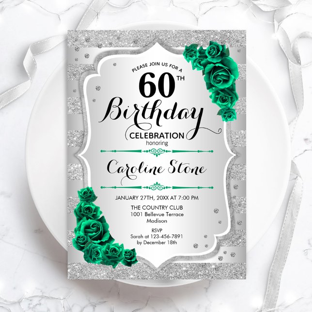 Green Silver Elegant Floral 60. Geburtstag Einladung (Von Creator hochgeladen)