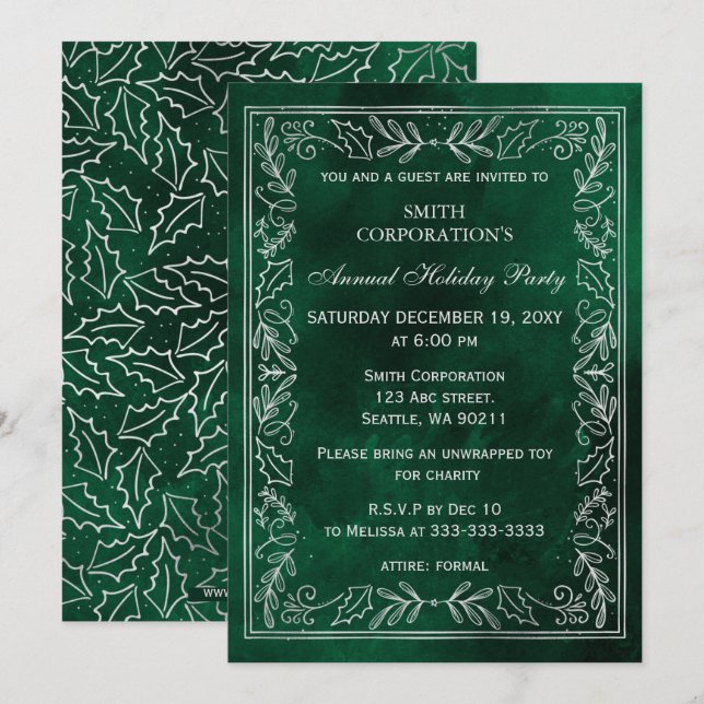 Green Silver Elegante Corporate Holiday Party Einladung (Vorne/Hinten)