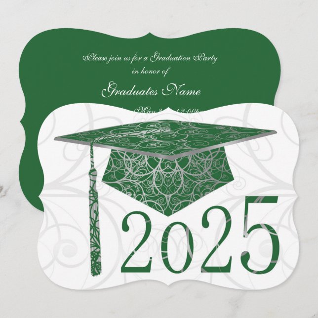 Green & Silver Floral Cap 2025 Graduation Party Einladung (Vorne/Hinten)