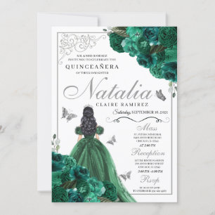 Green & Silver Floral Princess Dress Quinceanera Einladung