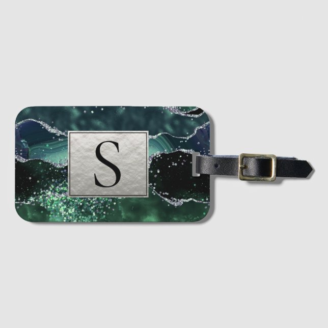 Green Silver Glitzer Marble Geode Agate Monogram Gepäckanhänger (Vorderseite (Horizontal))
