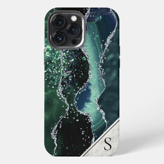Green Silver Glitzer Marble Geode Agate Monogram iPhone 13 Pro Max Hülle (Rückseite)