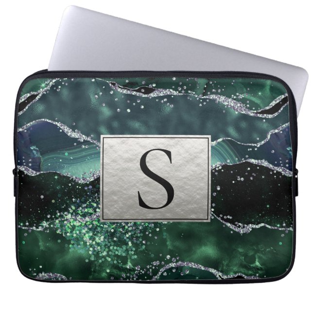 Green Silver Glitzer Marble Geode Agate Monogram Laptopschutzhülle (Vorderseite)