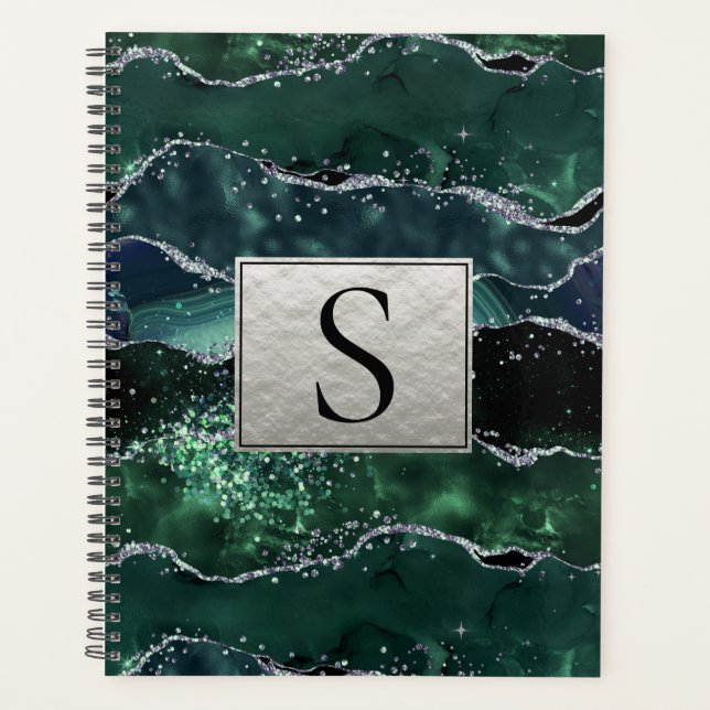 Green Silver Glitzer Marble Geode Agate Monogram Planer (Vorderseite)
