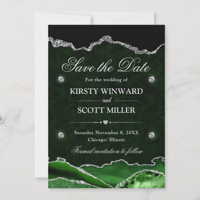 Green & Silver Glitzer Marmorverkleidung Save the  Save The Date (Vorderseite)