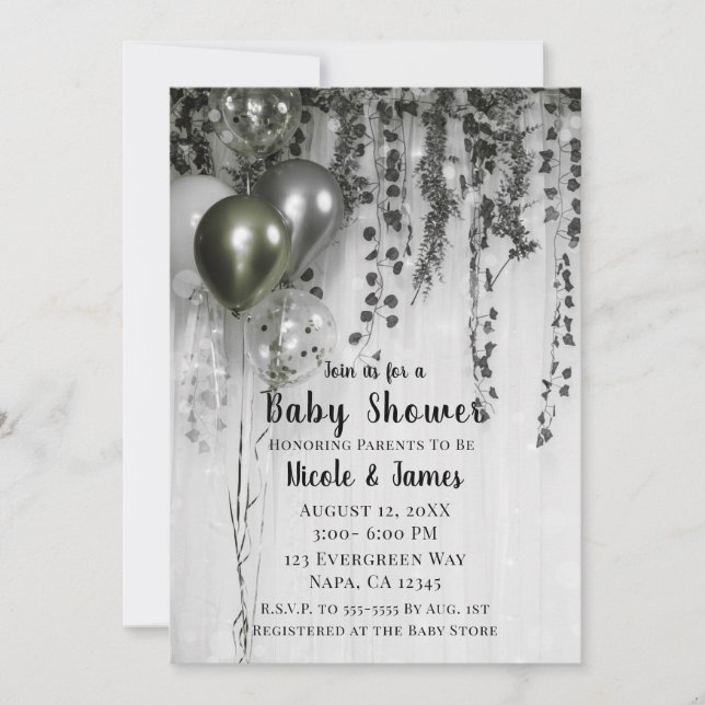 Green Silver Metallic Balloons Ivy Baby Dusche Einladung (Vorderseite)