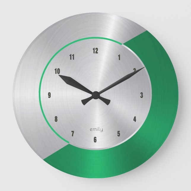 Green & Silver Modern Metallic Geometric Design Große Wanduhr (Vorderseite)