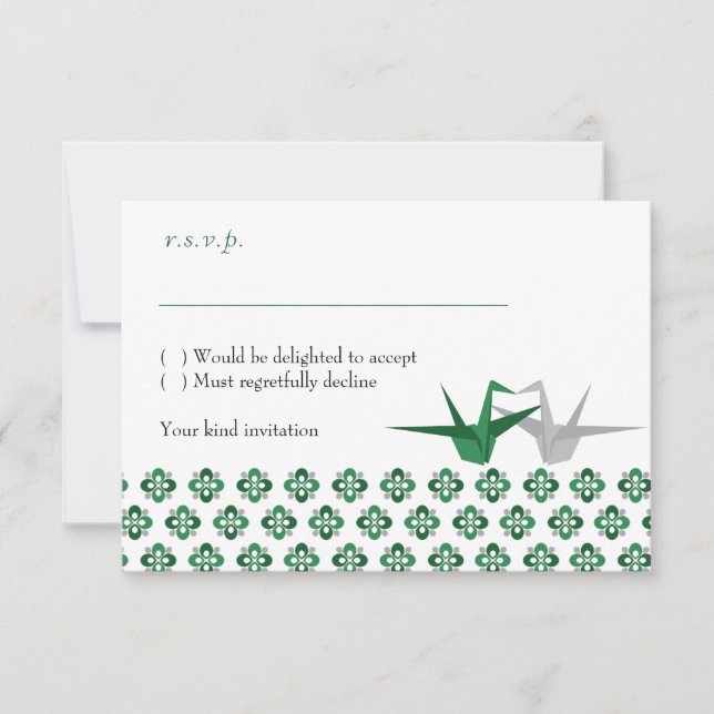 Green / Silver Origami Cranes Wedding RSVP Einladung (Vorderseite)